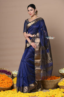  Rajsi~Handloom Ari Checks Cotton Silk Saree with Golden Border~Dark Blue
