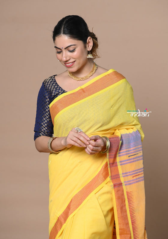Buy Handloom Pure Cotton Paithani Without Zari and Most Traditional Pallu~ Yellow