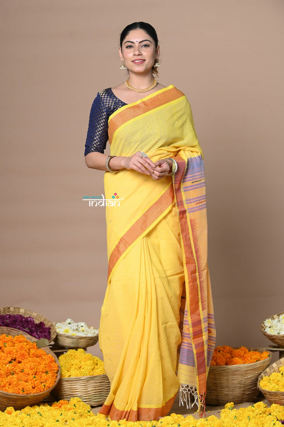 Shop Handloom Pure Cotton Paithani Without Zari and Most Traditional Pallu~ Yellow