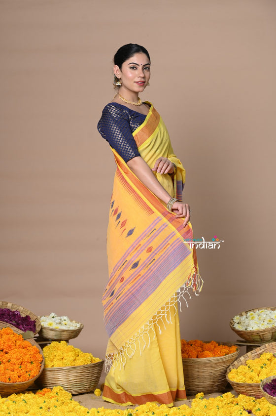 Best Handloom Pure Cotton Paithani Without Zari and Most Traditional Pallu~ Yellow