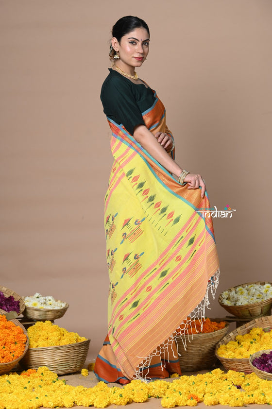 Rajsi~ Handloom Pure Cotton Paithani Without Zari and Most Traditional Double Pallu~ Orange