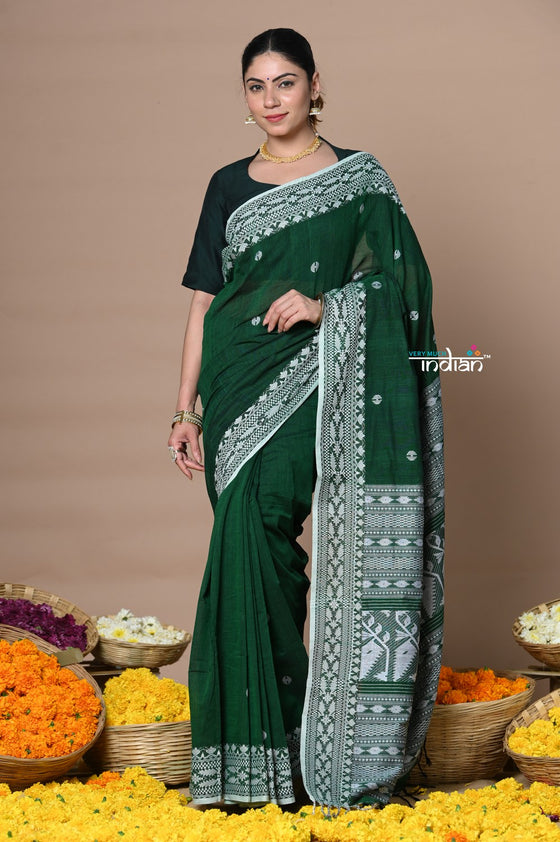 Rajsi ~ Handloom Pure Cotton Saree with Hand-embroidered Symmetric Border~ Green