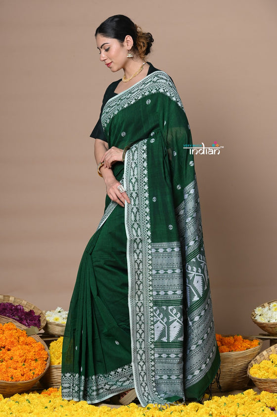 Rajsi ~ Handloom Pure Cotton Saree with Hand-embroidered Symmetric Border~ Green