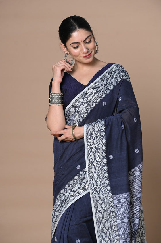 Rajsi ~ Handloom Pure Cotton Saree with Hand-embroidered Symmetric Border~ Dark Blue