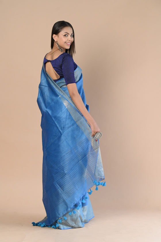 Exclusive Pure Moonga Tussar Silk Saree With Beautiful Border ~ Blue