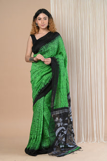  Pure Matka Silk Handloom Jamdhani  with Shibori Tie & Dye (with Silk Mark) ~ Green