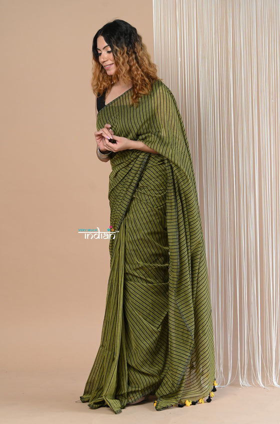 Designer Pure Cotton Sarees with All over Linear Stripes ~ Pine Green