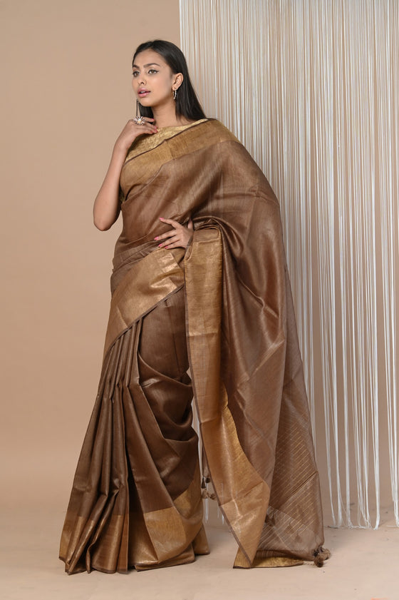 Exclusive Pure Moonga Tussar Silk Saree With Beautiful Border ~ Copper