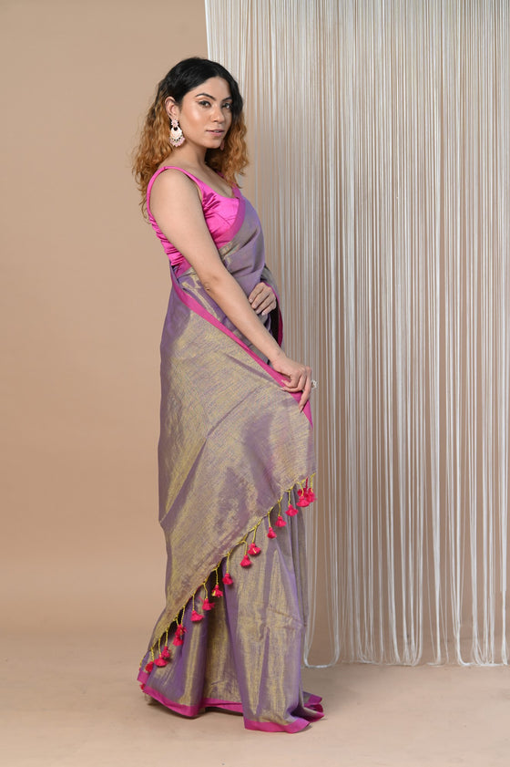 VMI Exclusive! Handloom Woven Cotton Zari Saree with Beautiful Sleek Border ~ Pink