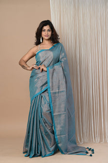  VMI Exclusive! Handloom Woven Cotton Zari Saree with Beautiful Sleek Border ~ Blue