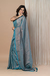 VMI Exclusive! Handloom Woven Cotton Zari Saree with Beautiful Sleek Border ~ Blue