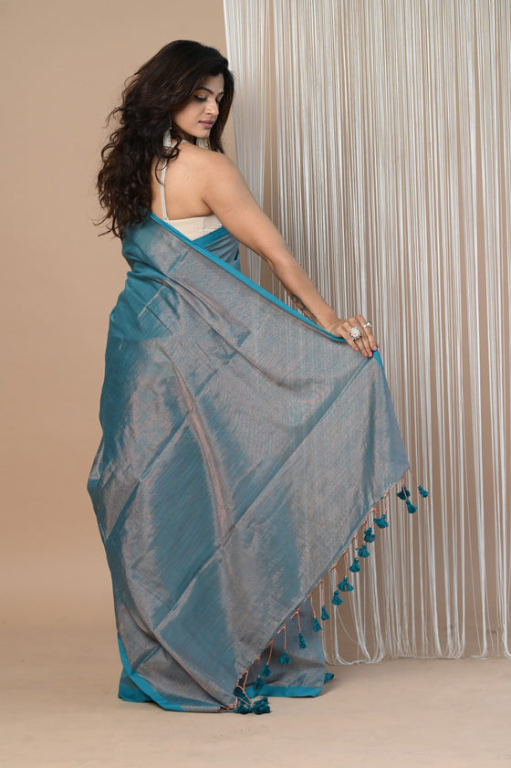 VMI Exclusive! Handloom Woven Cotton Zari Saree with Beautiful Sleek Border ~ Blue