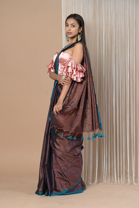 VMI Exclusive! Handloom Woven Cotton Zari Saree with Beautiful Sleek Border ~ Brown