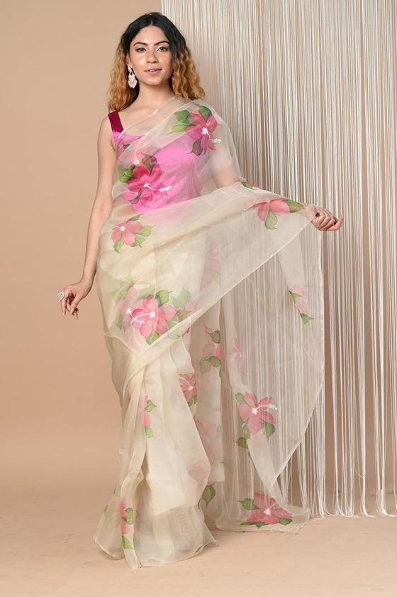 Phool Pari ~ Pure Organza Silk Handpainted Sarees~Cherry Blossom