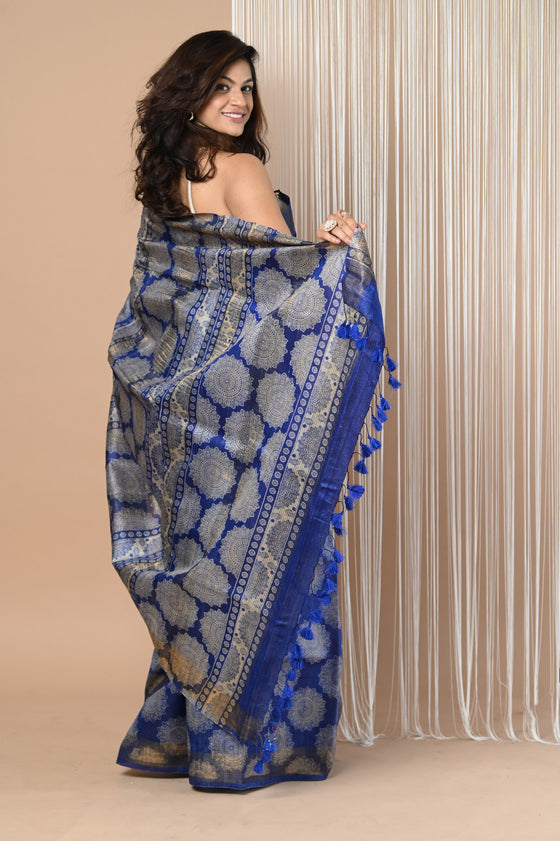 Exclusive Handloom Pure Tussar Silk Saree By Khadigram Certified Weavers ~ Blue