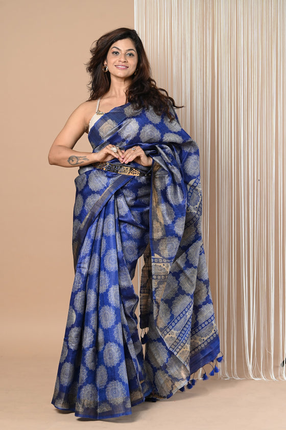 Exclusive Handloom Pure Tussar Silk Saree By Khadigram Certified Weavers ~ Blue
