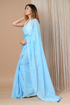 "Designer Pure Cotton Sarees with All over Linear Stripes ~Sky Blue