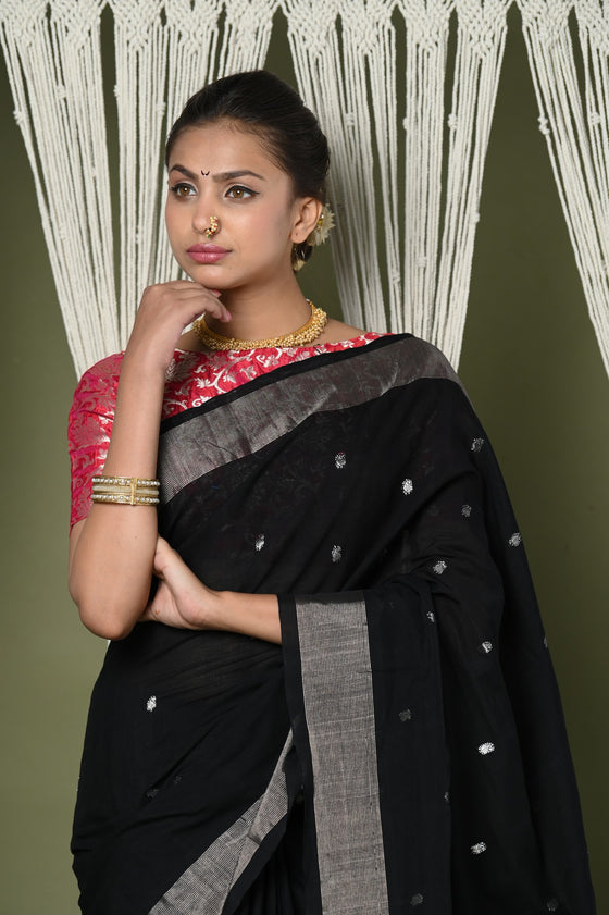 " EXCLUSIVE! Silver Zari Handloom Pure Cotton Paithani with Peacock Pallu in Black