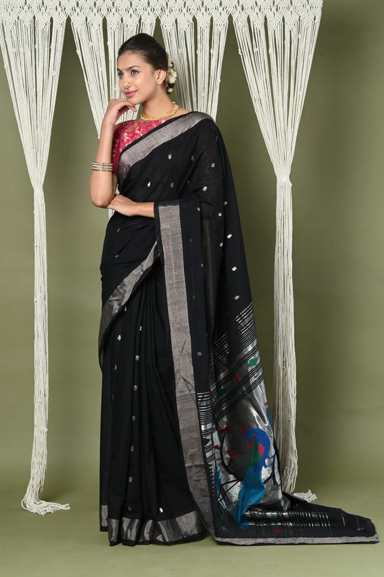 " EXCLUSIVE! Silver Zari Handloom Pure Cotton Paithani with Peacock Pallu in Black