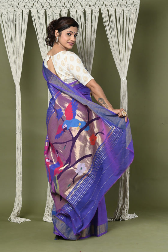 Authentic  EXCLUSIVE! Handloom Pure Cotton Paithani With Peacock Pallu~Purple