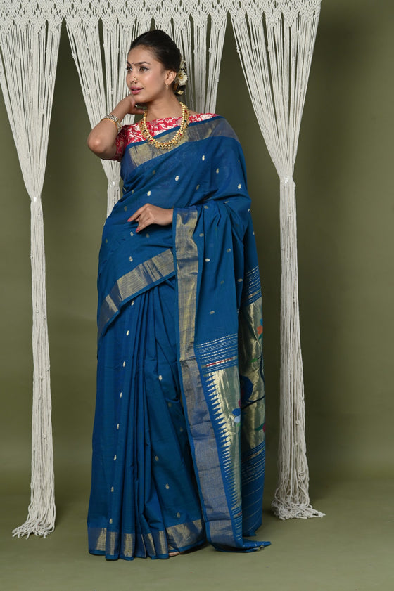 EXCLUSIVE! Handloom Pure Cotton Paithani With Peacock Pallu~Teal Blue
