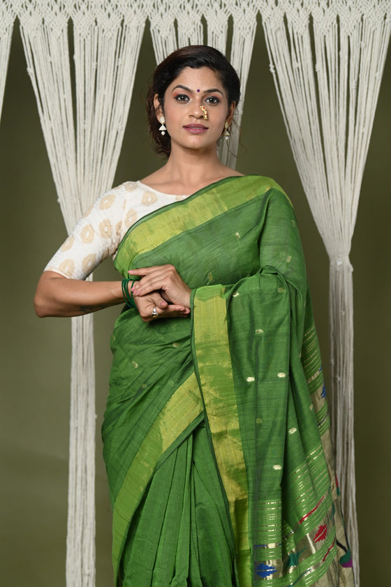 Buy EXCLUSIVE! Handloom Pure Cotton Paithani With Peacock Pallu~Blade Green