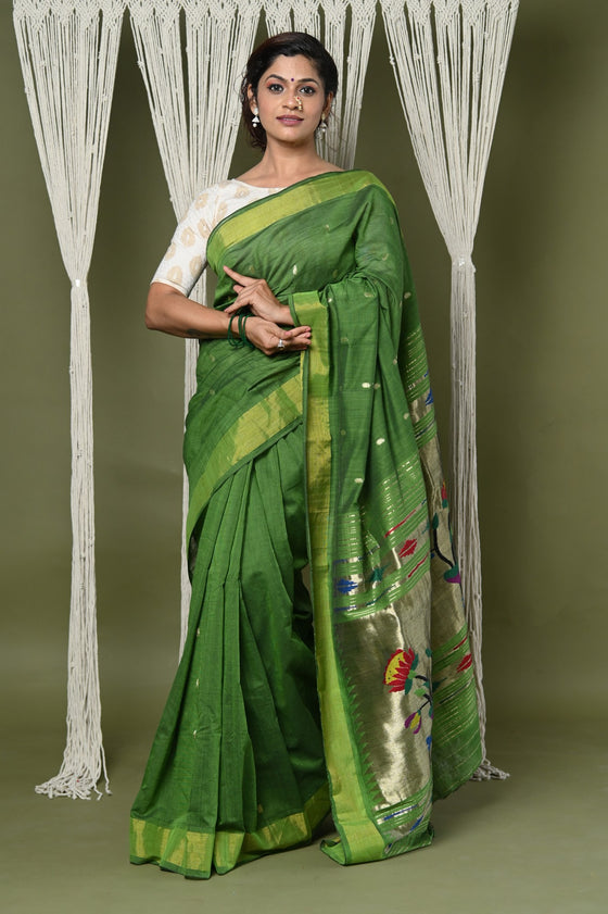 EXCLUSIVE! Handloom Pure Cotton Paithani With Peacock Pallu~Blade Green