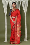EXCLUSIVE! Handloom Pure Cotton Paithani With Asawali Pallu~ Bright Red