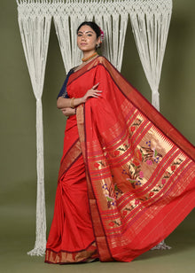  EXCLUSIVE! Handloom Pure Cotton Paithani With Asawali Pallu~ Bright Red