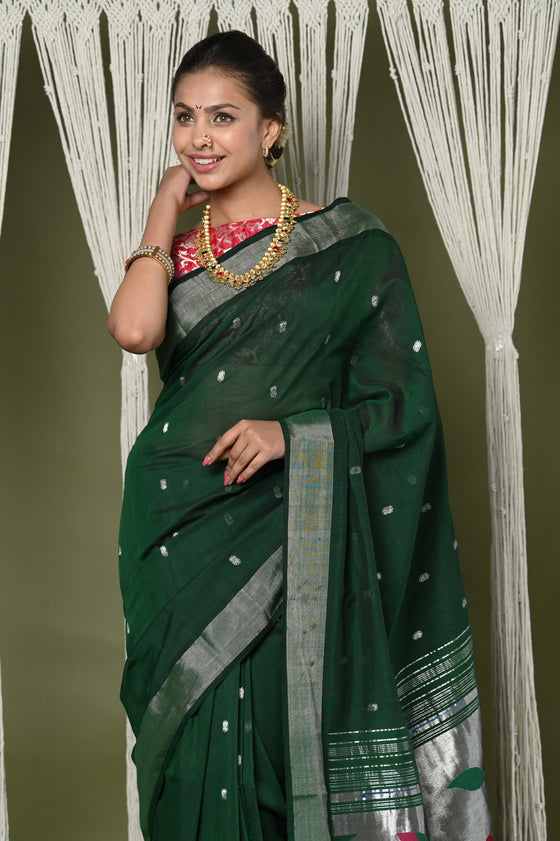 EXCLUSIVE! Silver Zari Handloom Pure Cotton Paithani With Parrot Pallu~ Forest Green