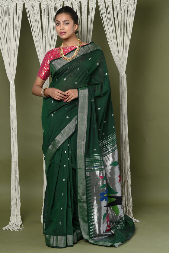 Buy EXCLUSIVE! Silver Zari Handloom Pure Cotton Paithani With Parrot Pallu~ Forest Green