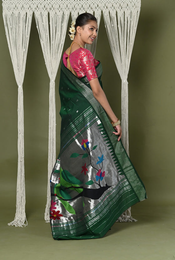 Shop EXCLUSIVE! Silver Zari Handloom Pure Cotton Paithani With Parrot Pallu~ Forest Green