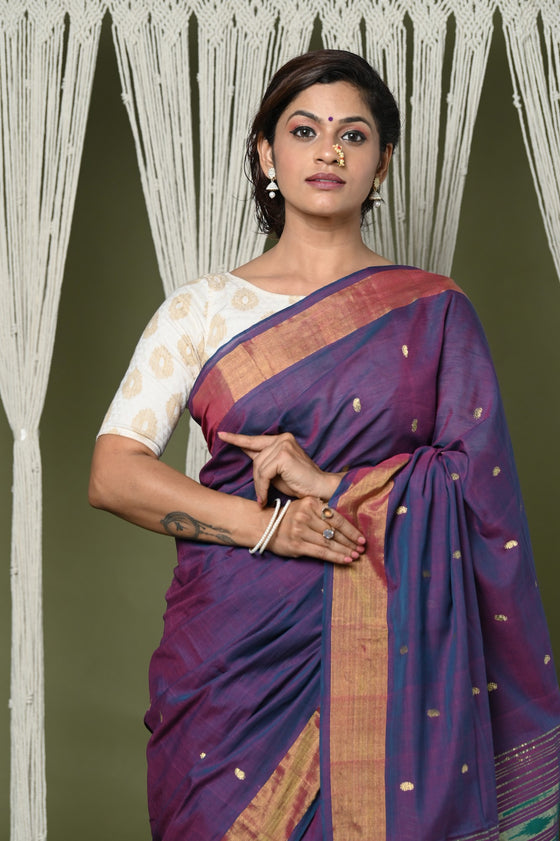 Shop EXCLUSIVE! Handloom Pure Cotton Paithani With Lotus Pallu~ Dark Violet
