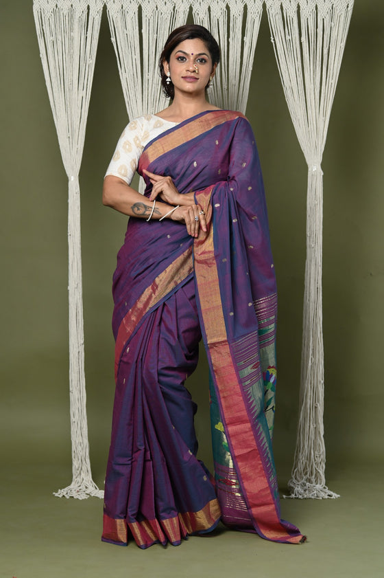 EXCLUSIVE! Handloom Pure Cotton Paithani With Lotus Pallu~ Dark Violet