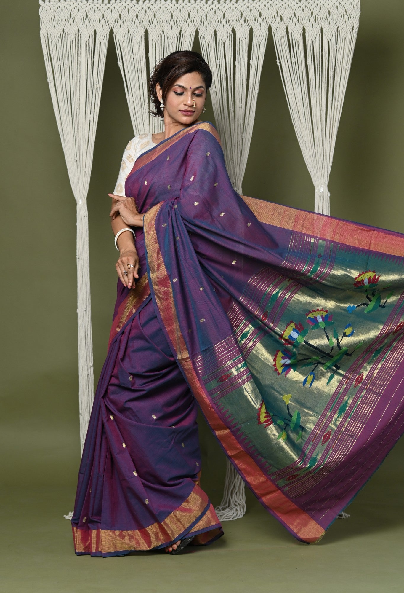 Soft Silk Meenakari Silver Zaree Paithani saree In Purple Colour