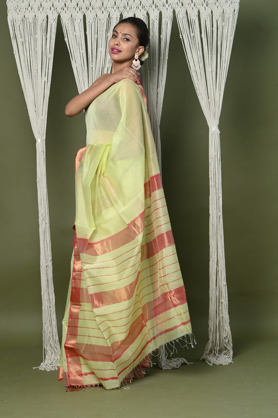 Handloom Cotton Silk Saree With Sleek Golden Border ~ chartreuse green