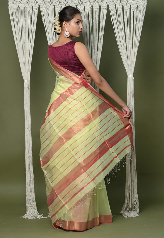 Handloom Cotton Silk Saree With Sleek Golden Border ~ chartreuse green