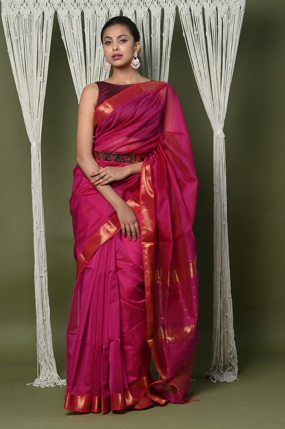 Handloom Cotton Silk Saree With Sleek Golden Border~ Red