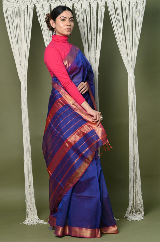 Handloom Cotton Silk Saree With Sleek Golden Border ~ dark blue