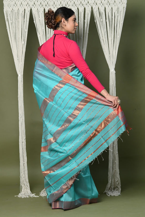 Handloom Cotton Silk Saree With Sleek Golden Border~sky blue