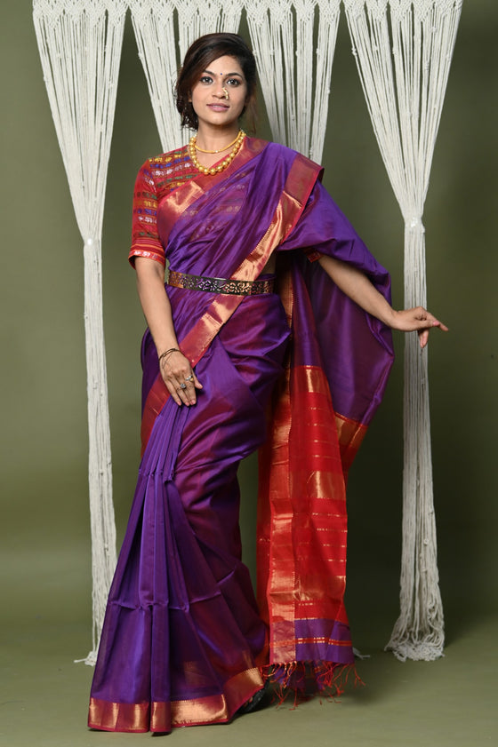 Handloom Cotton Silk Saree With Sleek Golden Border~ purple
