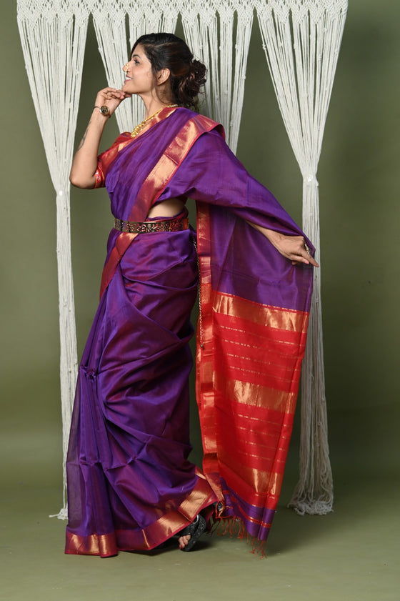 Handloom Cotton Silk Saree With Sleek Golden Border~ purple