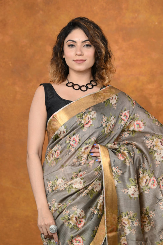 Designed By VMI~ Handloom Moonga Tussar Silk Saree With Digital Floral Print