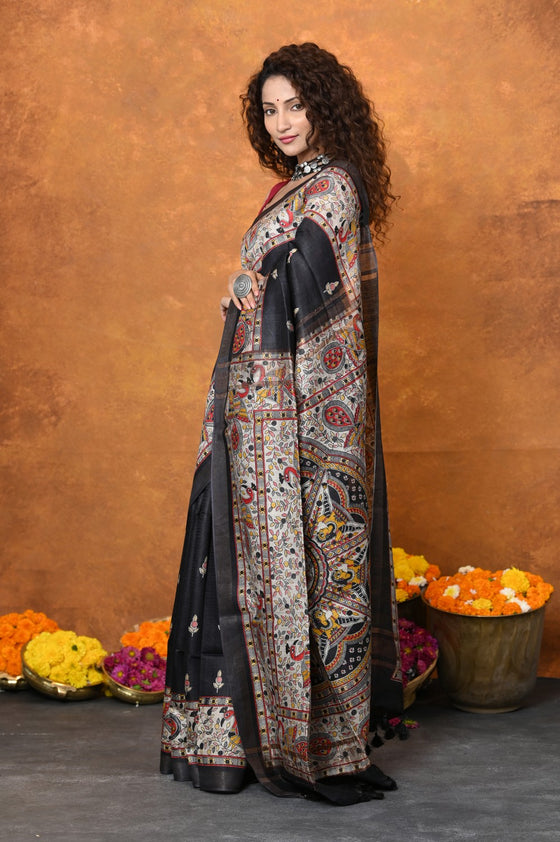 Designed By VMI~ Handloom Pure Tussar Silk Saree With Beautiful Madhubani Print~ Black