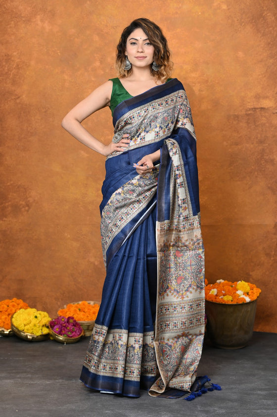 Designed By VMI~ Handloom Pure Tussar Silk Saree With Beautiful Madhubani Print~ Blue