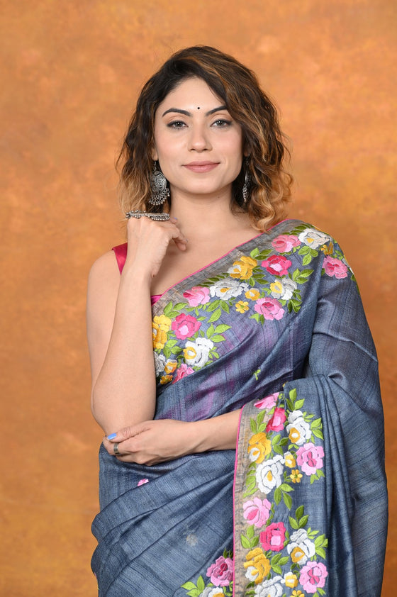Designed By VMI~ Handloom Pure Tussar Silk Saree With Beautiful Floral Embroidery ~Grey