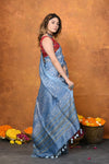 Designed By VMI~ Handloom Pure Organic Natural Linen Silk Saree with Allover Handblock Print ~ Powder Blue