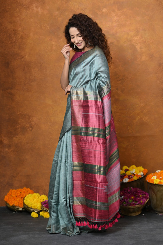 Handloom and Charkha Woven Pure Dupion Silk by Govt certified Weavers - Grey