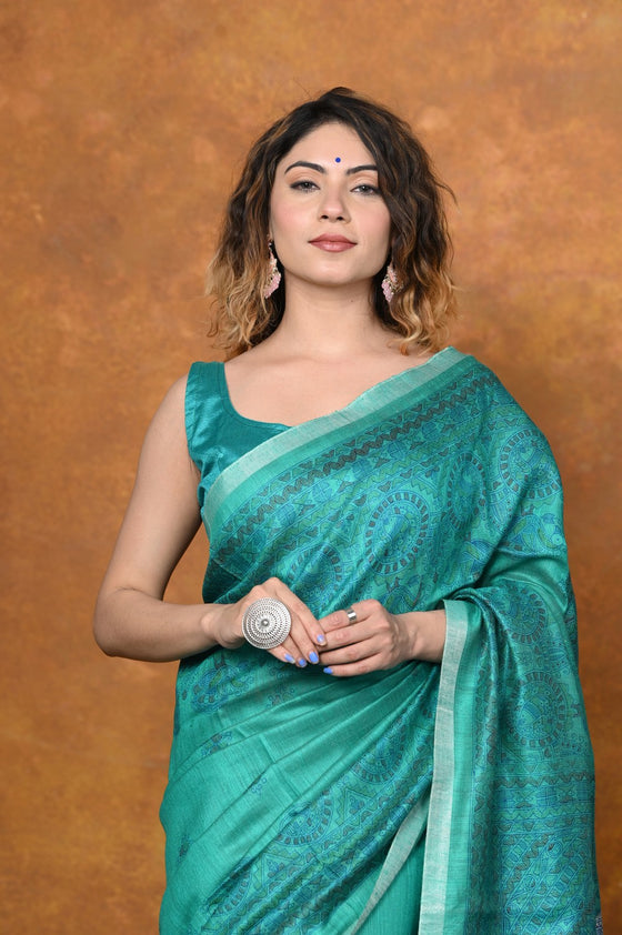 Designed By VMI~ Handloom Pure Tussar Silk Saree With Beautiful Madhubani Print~Quartz Blue