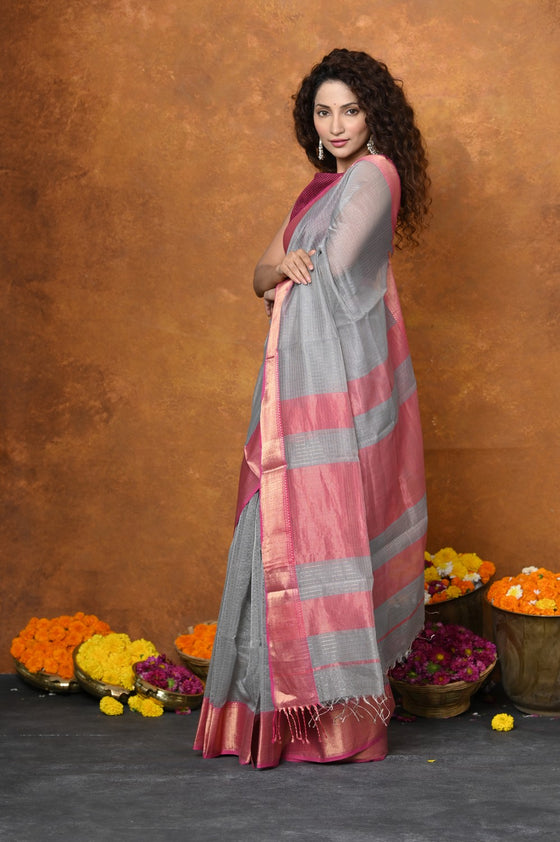 Handloom Cotton Silk Saree With Ari Checks & Sleek Golden Border~Grey
